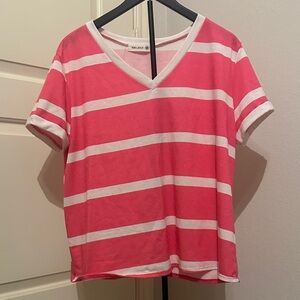 Pink and White Striped V-Neck Tee